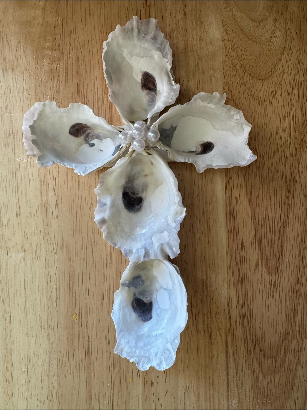 Handmade Oyster Shell Cross with Pearls - White